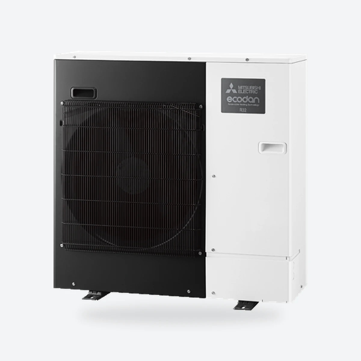 Mitsubishi Electric Ecodan R32 air source heat pump outdoor unit with a black front and a white side panel, seen from an angle.