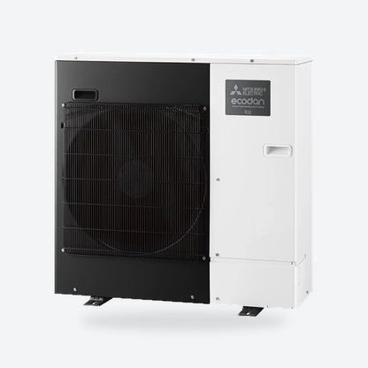 Mitsubishi Electric Ecodan R32 air source heat pump outdoor unit with a black front and a white side panel, seen from an angle.