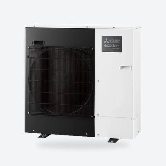 Mitsubishi Electric Ecodan R32 air source heat pump outdoor unit with a black front and a white side panel, seen from an angle.