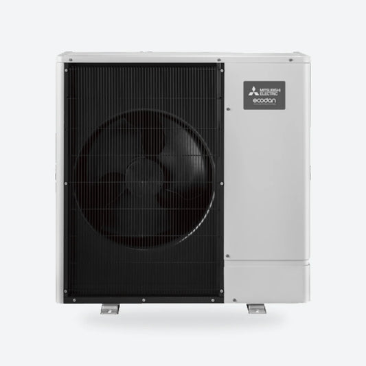 Mitsubishi Electric Ecodan R290 air source heat pump outdoor unit with a dark fan grille and a grey side panel, seen from an angle.