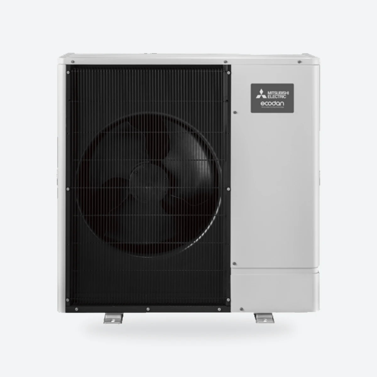 Mitsubishi Electric Ecodan R290 air source heat pump outdoor unit with a dark fan grille and a grey side panel, seen from an angle.