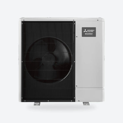 Mitsubishi Electric Ecodan R290 air source heat pump outdoor unit with a dark fan grille and a grey side panel, seen from an angle.