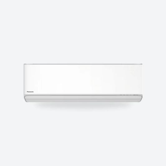 Panasonic Etherea wall-mounted air conditioning indoor unit in matt white, seen from the front.