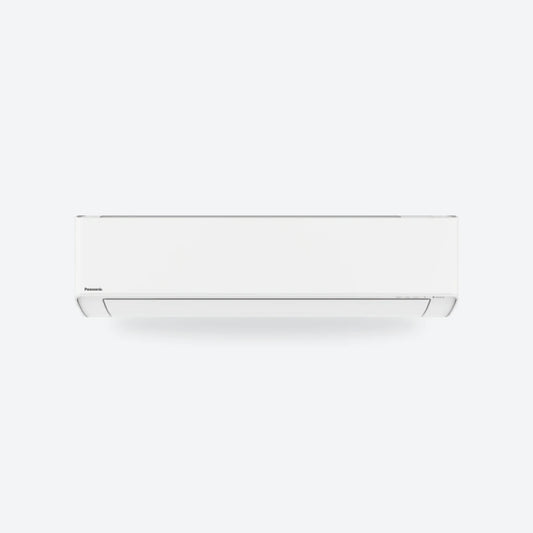 Panasonic Etherea wall-mounted air conditioning indoor unit in matt white, larger model, seen from the front.