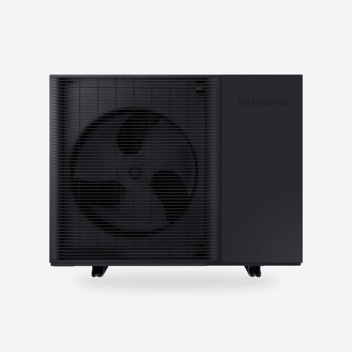 Samsung EHS Mono R290 air source heat pump outdoor unit on a light grey square.