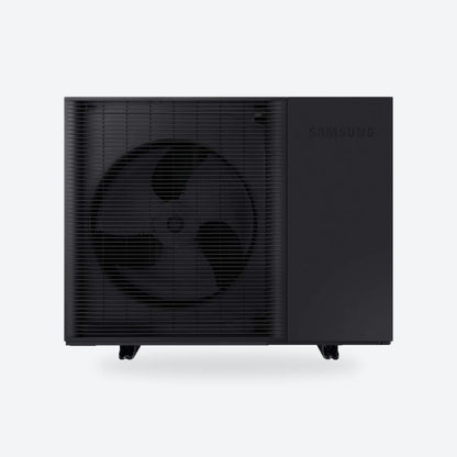 Samsung EHS Mono R290 air source heat pump outdoor unit on a light grey square.