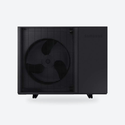 Samsung EHS Mono R290 air source heat pump outdoor unit on a light grey square.