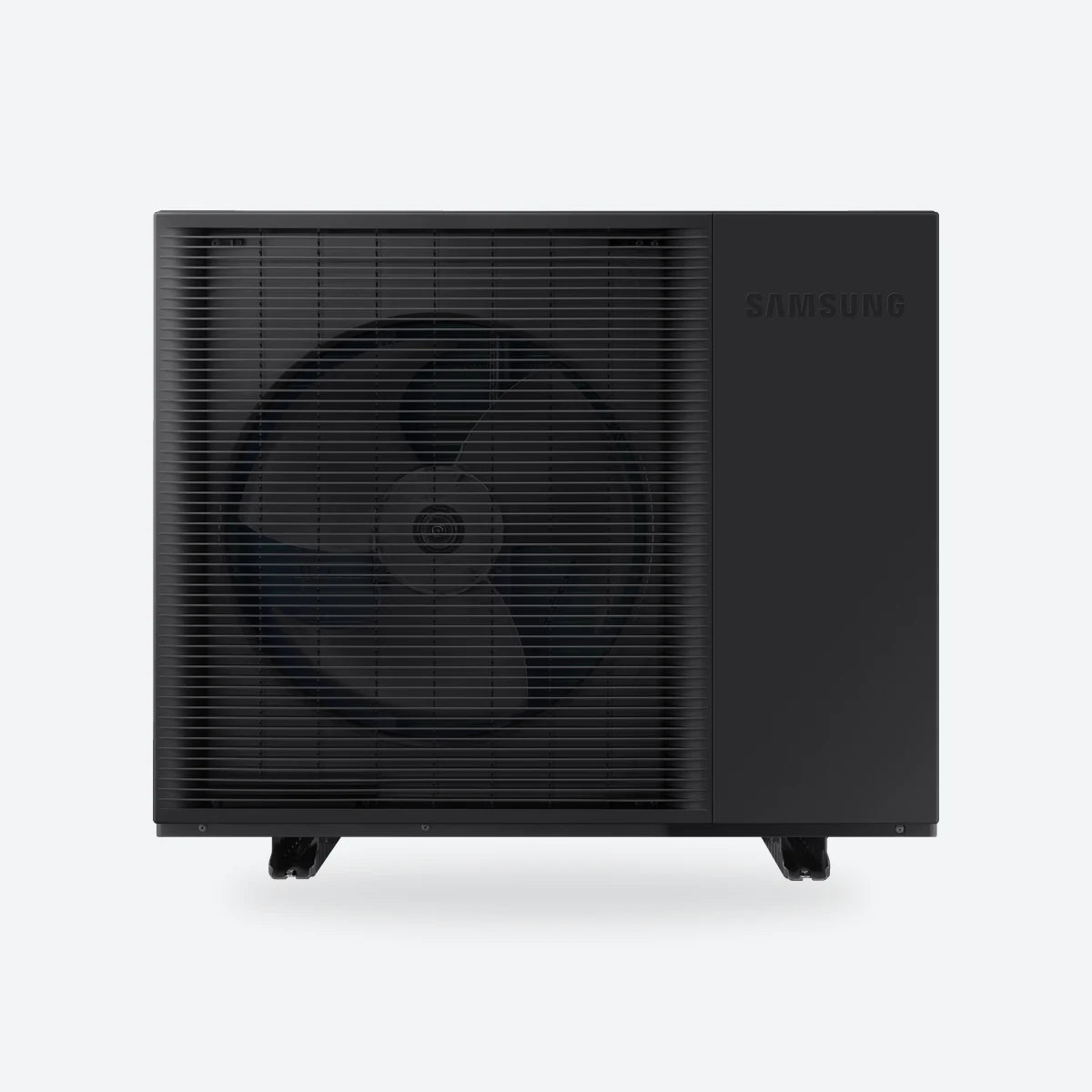 Samsung EHS Mono R290 air source heat pump outdoor unit on a light grey square.