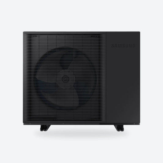 Samsung EHS Mono R290 air source heat pump outdoor unit on a light grey square.