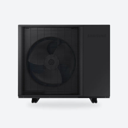 Samsung EHS Mono R290 air source heat pump outdoor unit on a light grey square.