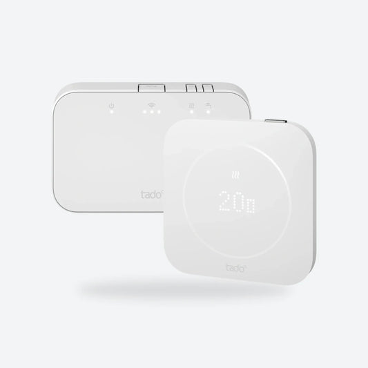 tado° Wireless Temperature Sensor X (2nd gen) in front of the Wireless Receiver X