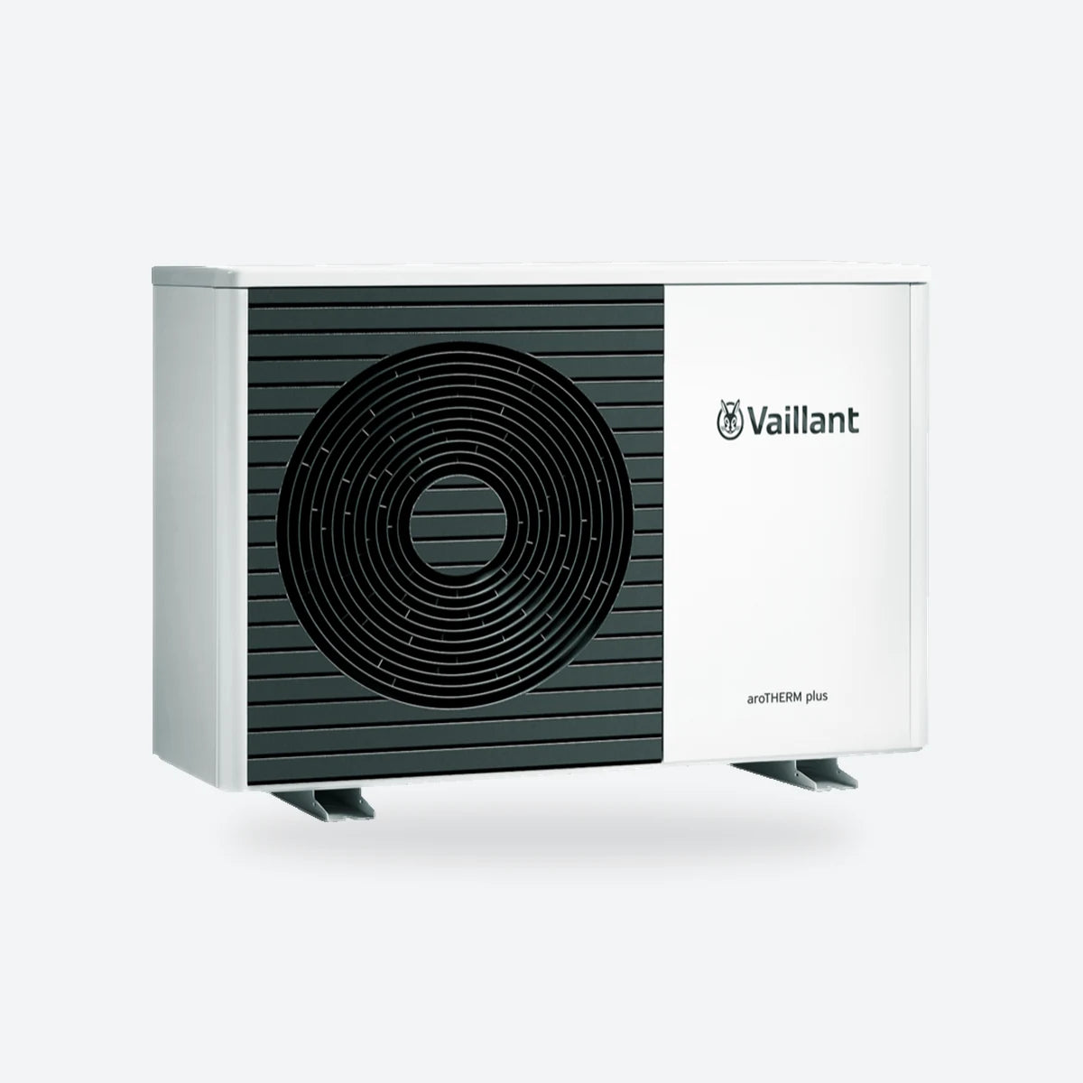 Vaillant aroTHERM plus air source heat pump outdoor unit on a light grey square.