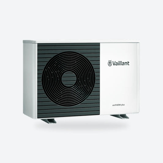 Vaillant aroTHERM plus air source heat pump outdoor unit on a light grey square.
