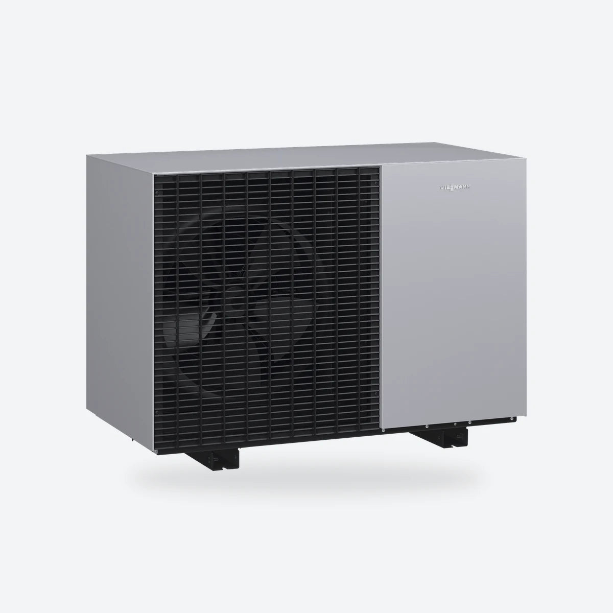 Viessmann Vitocal single fan outdoor unit in grey and black, seen from an angle